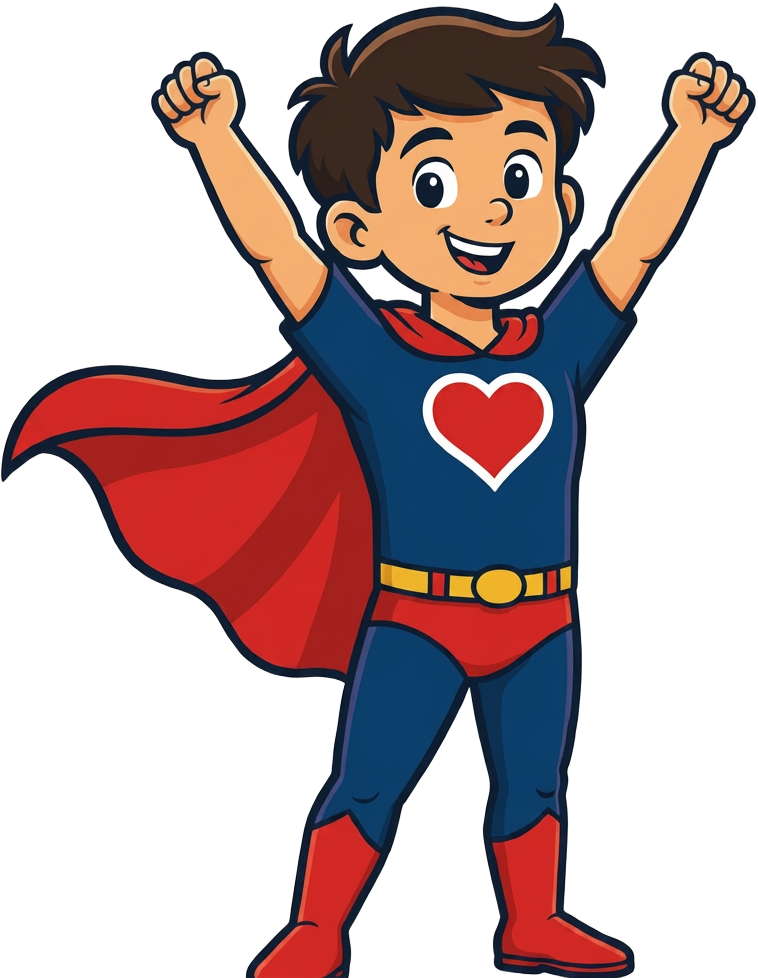 Max, the caped Mighty Max Force hero, cheering with arms raised